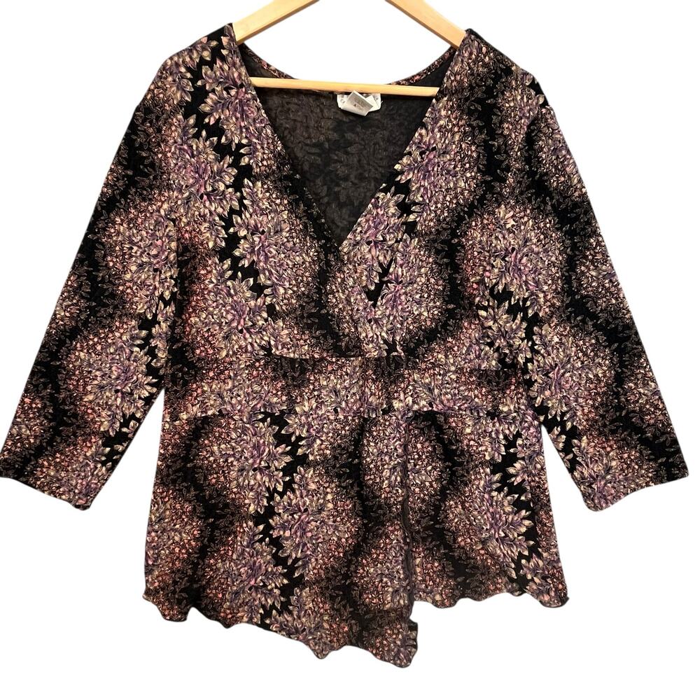 Coldwater Creek Y2K Boho Floral Wrap Surplice‎ V-Neck Stretch Blouse Top Large